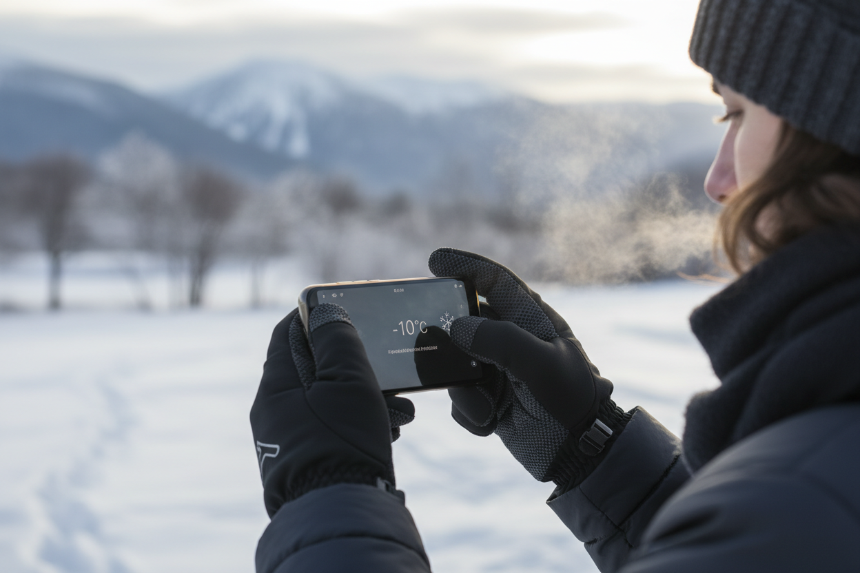 make an image of a person waaering the thermal gloves while on there phone